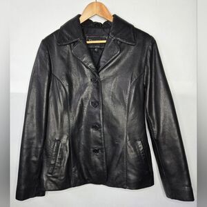 Women's Dimension New York Vintage Black Leather Jacket Button-up Size Medium
